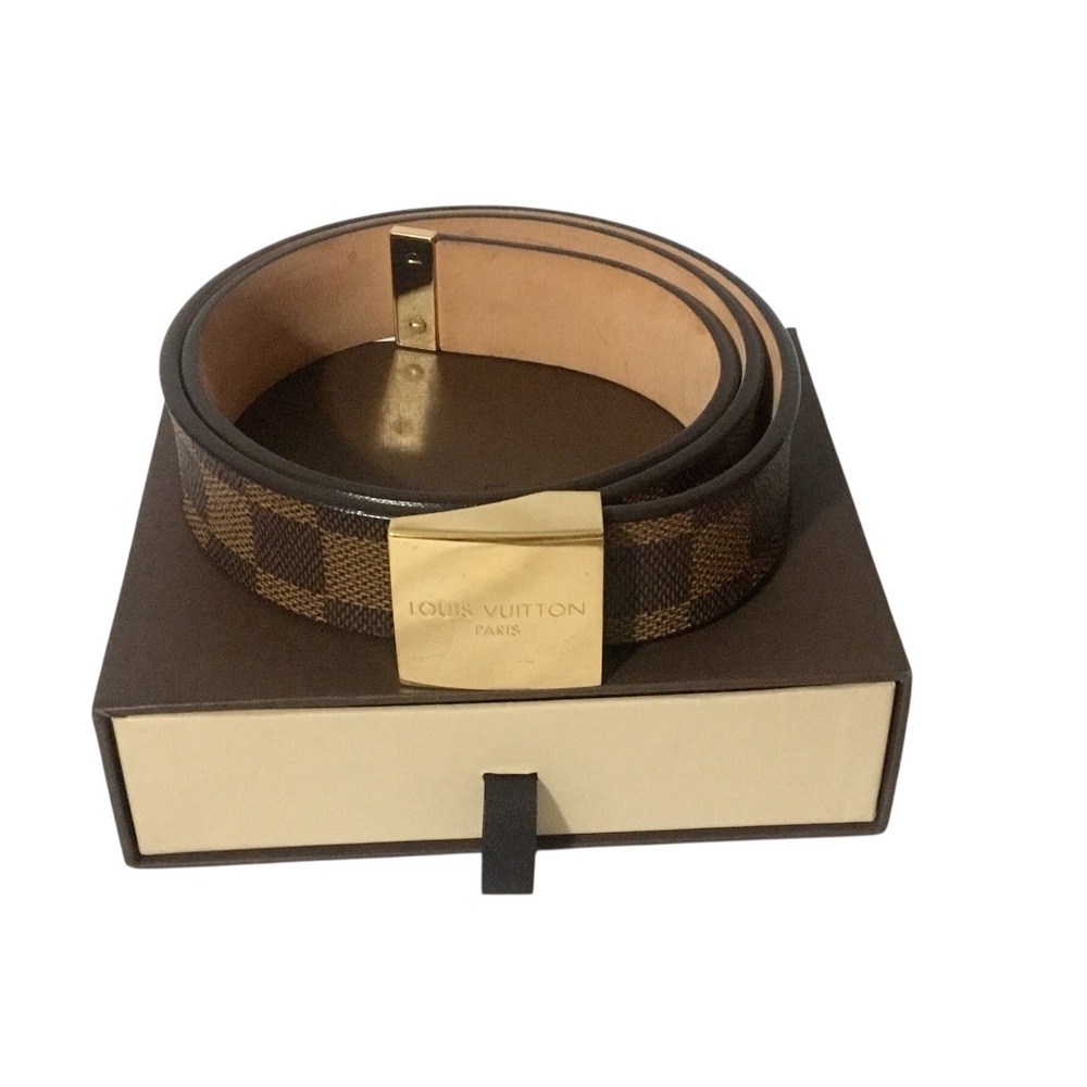 Authentic Louis Vuitton Brown Damier Unisex Belt with Gold Buckle